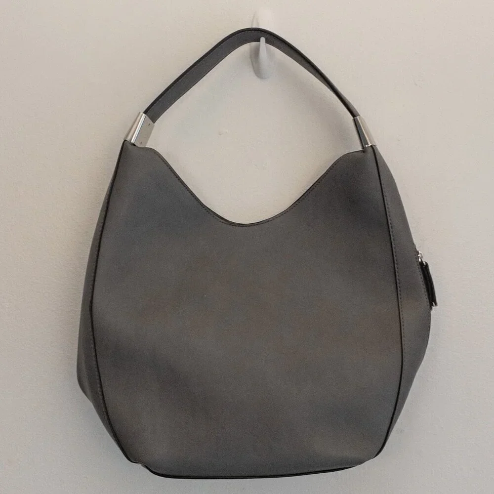 Alfani Gray Faux Leather Hobo Shoulder Bag | Slouchy Modern Tote - Picture 2 of 6